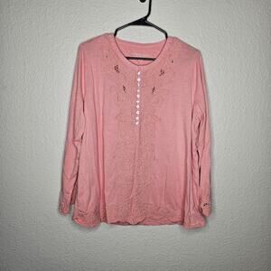Soft surrounding light pink embroidered 1/2 button floral blouse women's XL